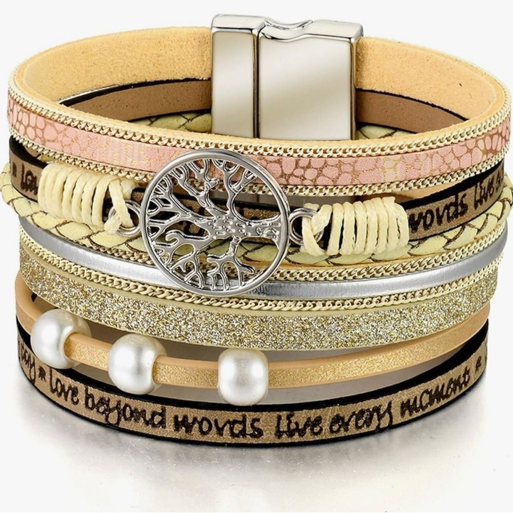 Layered Leather Bangle Cuff Boho Bracelets Wrap Tree of Life Wristband Jewelry